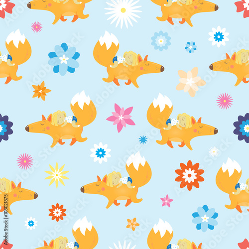 Seamless pattern with cute cartoon foxes and girls. Summer walk. Flower glade. Vector image. Children's illustration.