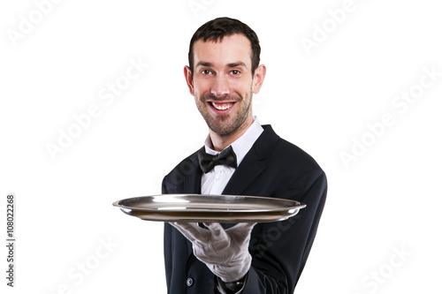 Wallpaper Mural Waiter holding tray. Isolated over white background. Smiling but Torontodigital.ca