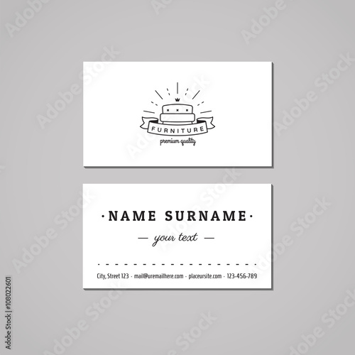 Furniture business card design concept. Furniture logo with couch and ribbon. Vintage, hipster and retro style. Black and white.