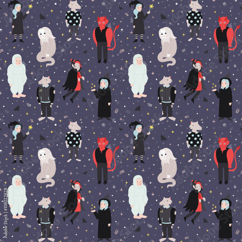 Fairytaile and fantastic cartoon creatures and monsters vector seamless pattern. Cute naive style.