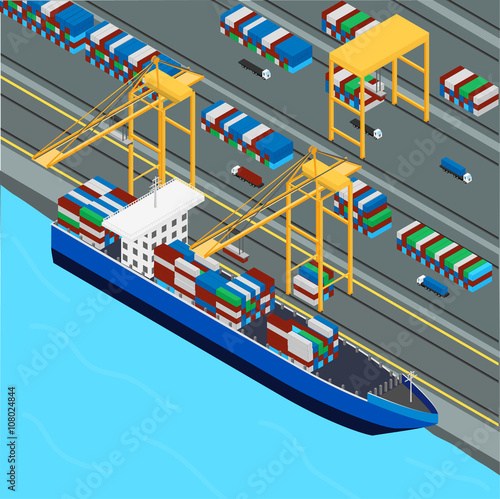 vector illustration. Port, port crane loads the cargo ship containers. Trucks transport containers. isometric, infographic.