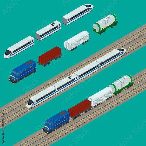 vector illustration. Set train icons. Passenger fast train, the locomotive, boxcar, container, tank. isometric, infographic.
