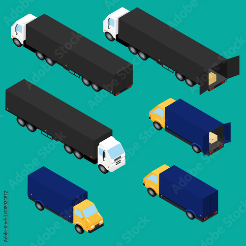 vector illustration. Set icons of trucks. Isometric, infographic