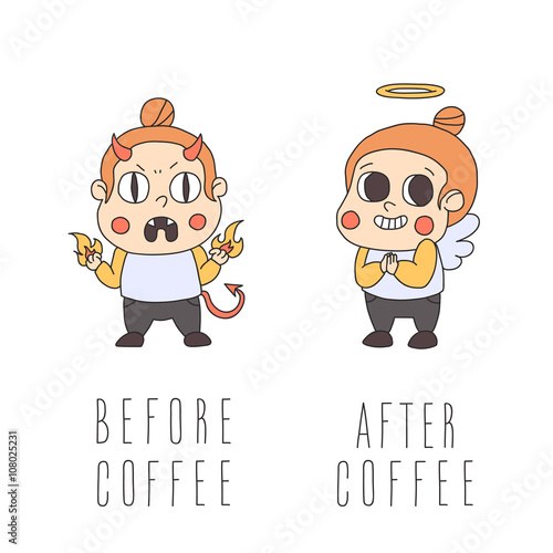 Before and after coffee girl illustration. Cute naive style.