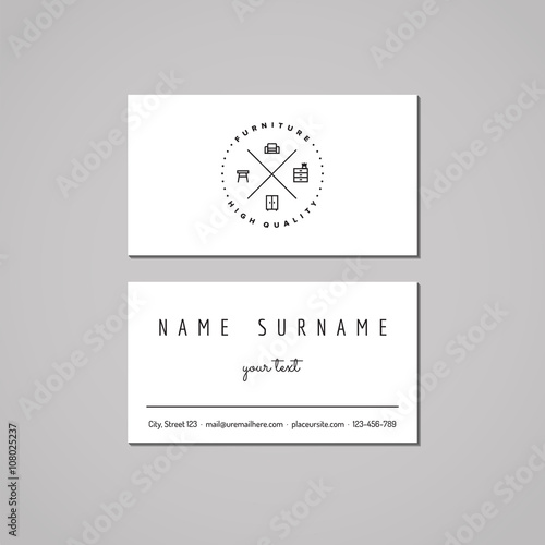 Furniture business card design concept. Furniture logo with cross. Vintage, hipster and retro style. Black and white.