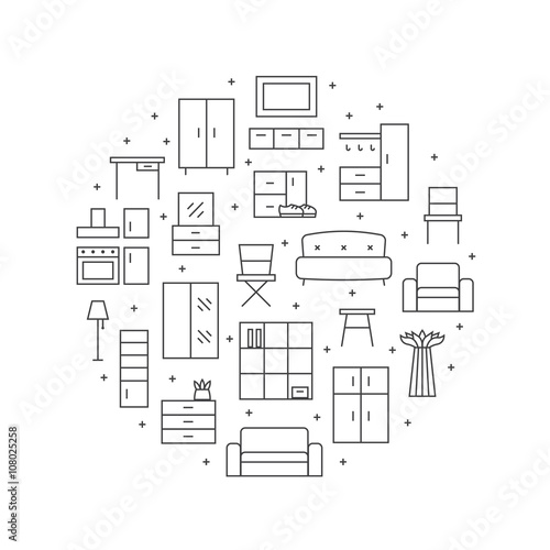 Furniture outline vector circle background. Modern minimalistic design.