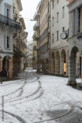 It's snowing on old part of Lugano on Switzerland. © fotoember