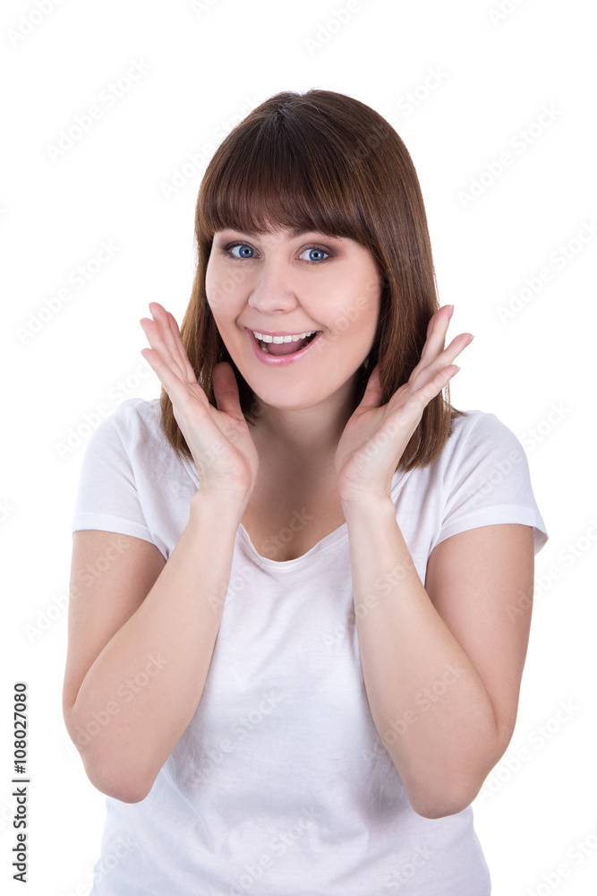 portrait of young beautiful surprised woman isolated on white portrait of young beautiful surprised woman isolated on white