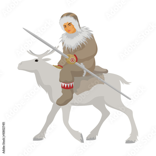 Chukchi young man in national dress winter rides on the Northern deer