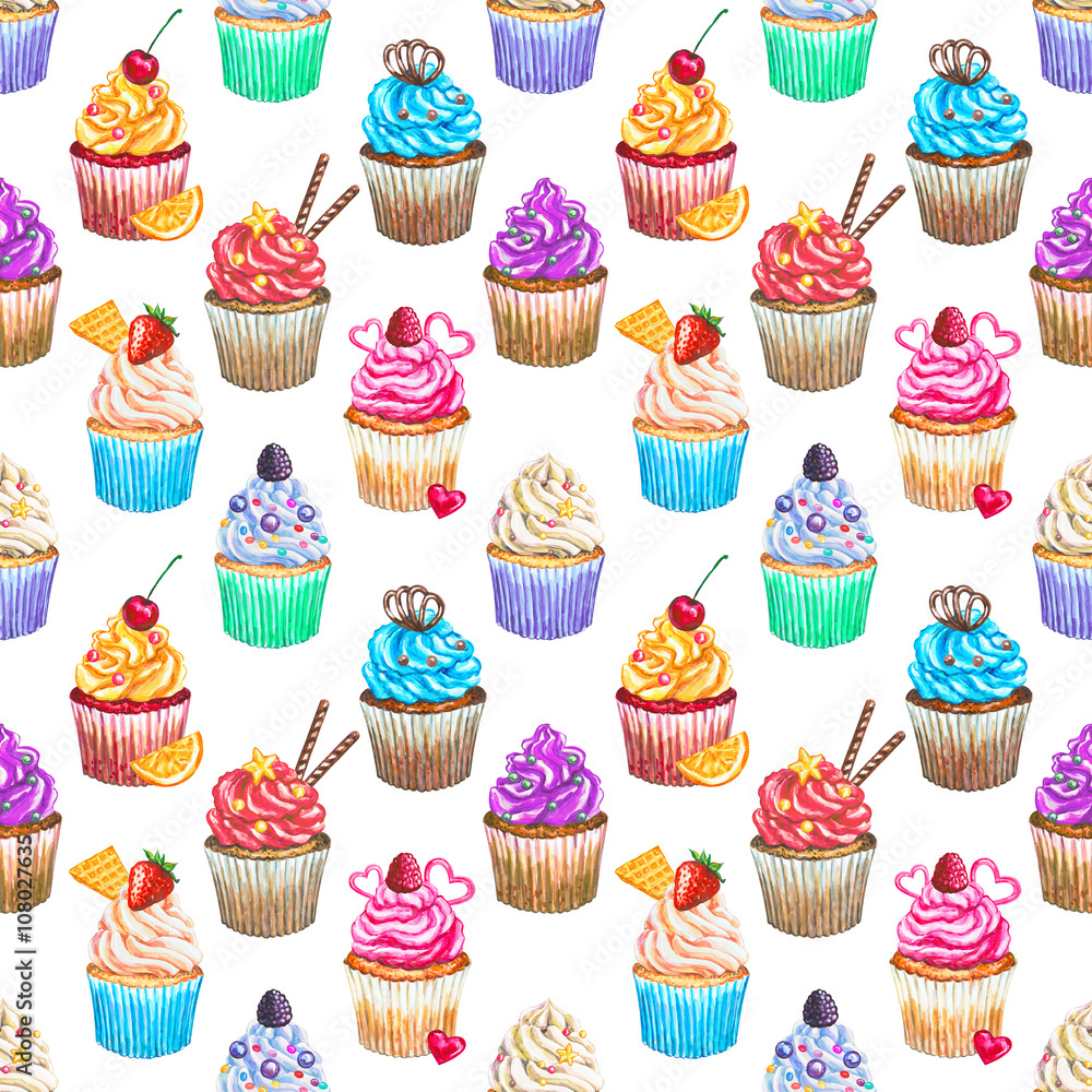 Seamless pattern with watercolor cupcakes. Seamless pattern with watercolor cupcakes.