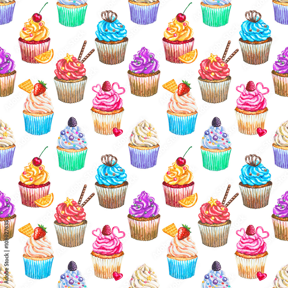 Seamless pattern with watercolor cupcakes.