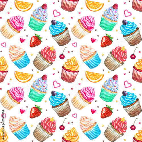 Seamless pattern with watercolor cupcakes.