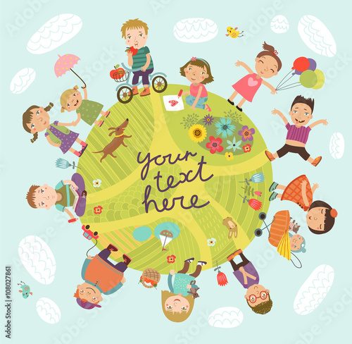 
Background with children.Planet of children. Vector illustration with cute kids