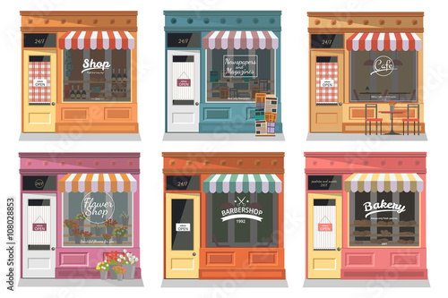 Shops and stores facade icons set in flat design style. Shop, Newspaper shop, Cafe, Barber, Flower shop, Bakery. Vector illustration