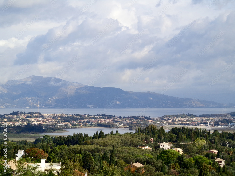 View of the city, bay, mountains and sky