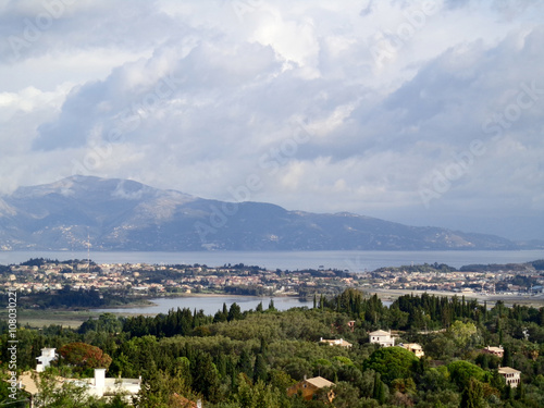 View of the city, bay, mountains and sky