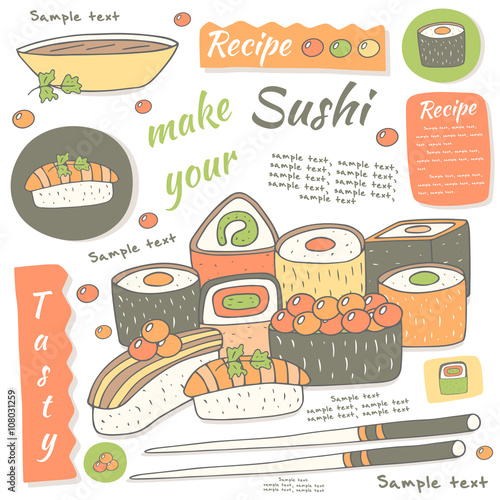 Cute hand drawn doodle sushi collection. 
