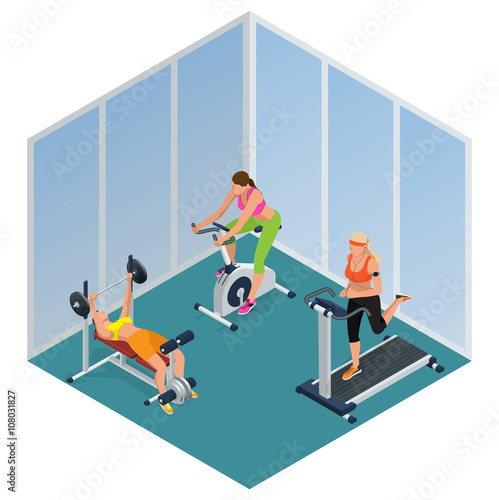 Fitness woman working out on exercise bike, Young woman with barbell flexing muscles,  Pretty girl working out in a treadmill at the gym. Flat 3d isometric vector illustration.