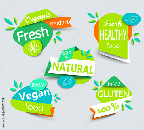 Modern vector set of healthy organic food labels.