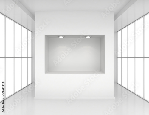 Exhibit Showcases with light sources in blank interior room large windows © mirexon