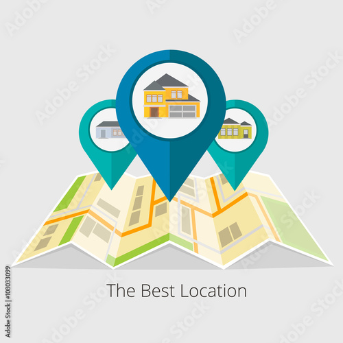 Vector illustration of real estate infographic pointing to the house. Real estate, house for sale, installment sale, credit,rent. The best location
