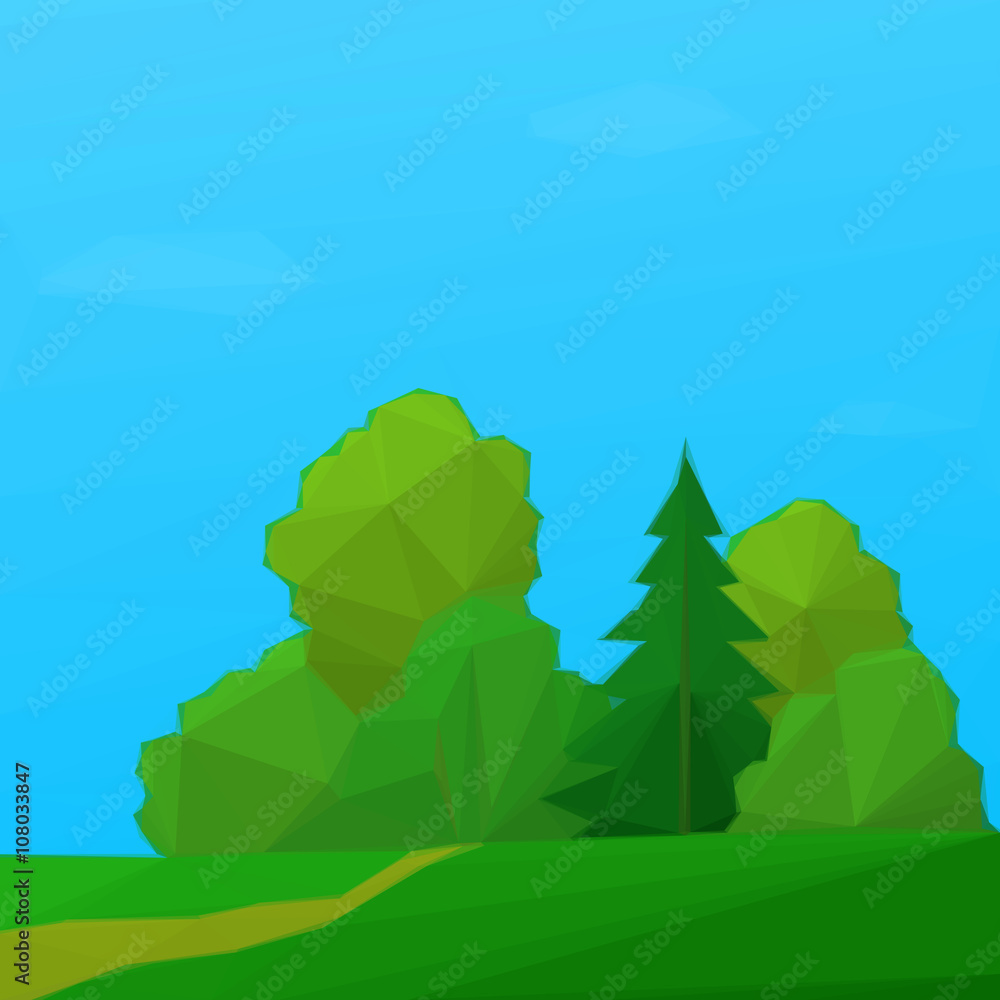 Summer Low Poly Landscape, Forest with Coniferous and Deciduous Trees and Blue Sky with Clouds. Vector