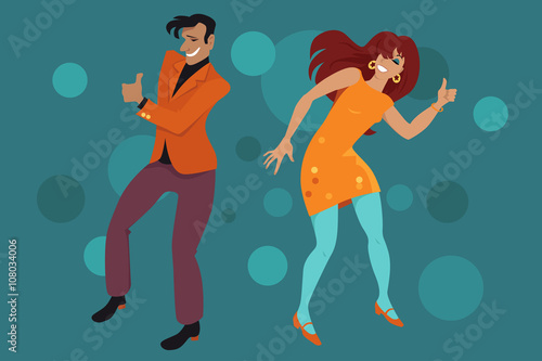 Young couple dressed in retro style clothes doing the Hitch Hike dance, EPS 8 vector illustration