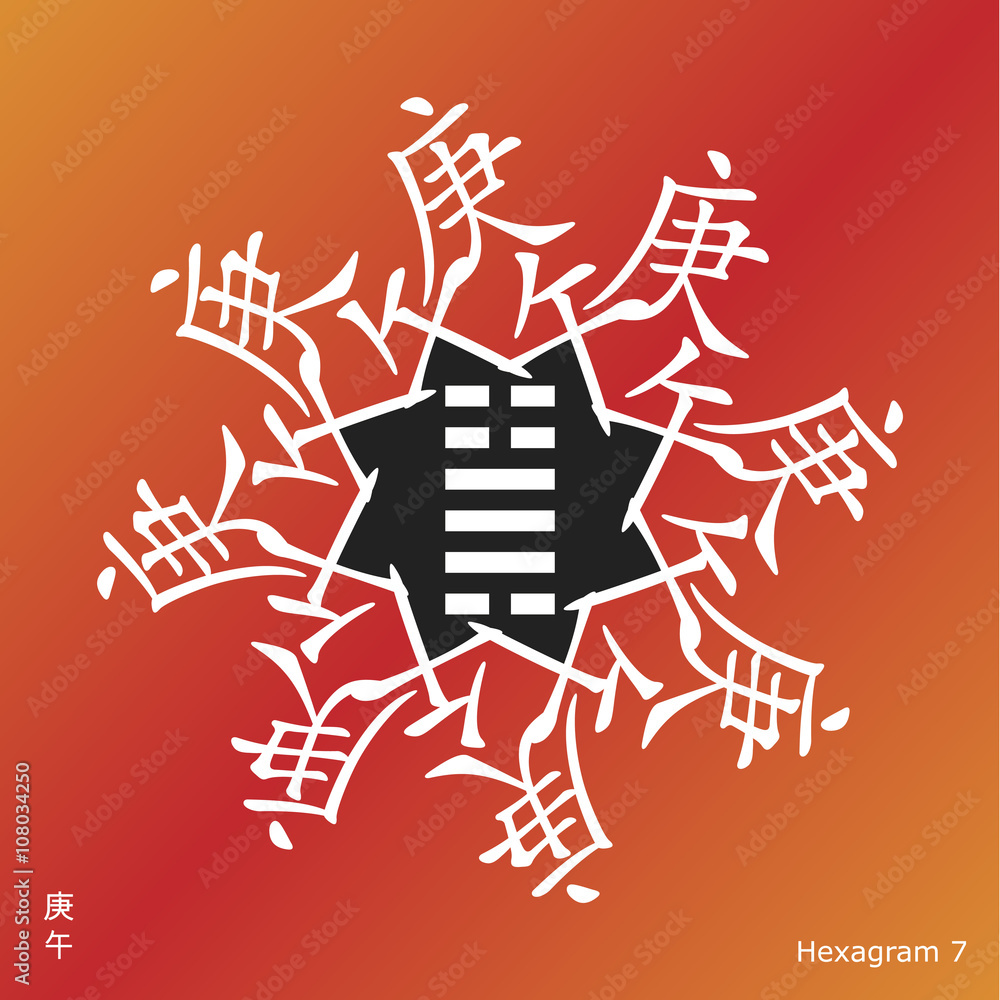 Symbol of i ching hexagram from chinese hieroglyphs. Translation of 12 zodiac feng shui signs hieroglyphs: 'Iron' and Symbol of i ching hexagram from chinese hieroglyphs. Translation of 12 zodiac feng shui signs hieroglyphs: 'Iron' and