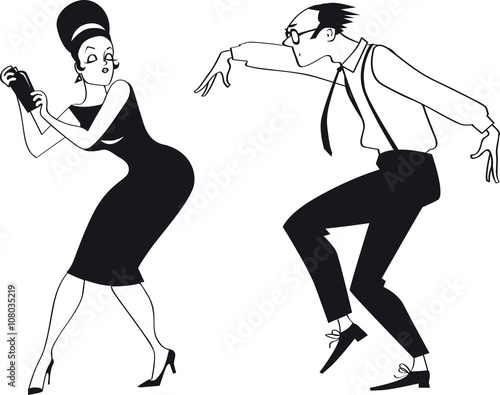 EPS 8 vector silhouette of a couple dressed in 1960s fashion dancing and mixing cocktails, no white objects
