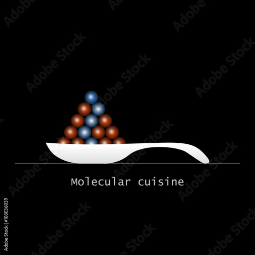 Molecular food balls on ceramics spoon isolated on black background