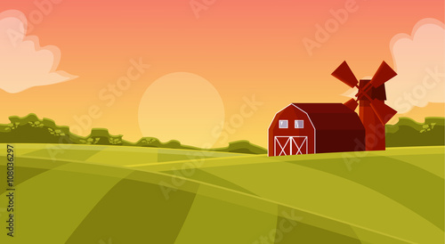 Red hangar at the farmers field to the mill on agricultural land, natural landscape with green field and posevochnym the sunset with a red hangar farm vector cartoon illustration