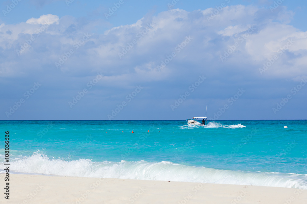 Landscape of Atlantic Ocean. Caribbean paradize. White pleasure boat