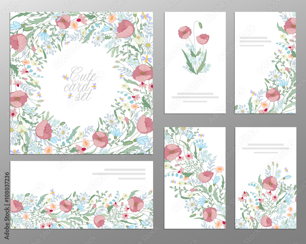 Set of hand draw floral card. Wedding invitation, thank you card, save the date buisiness set.