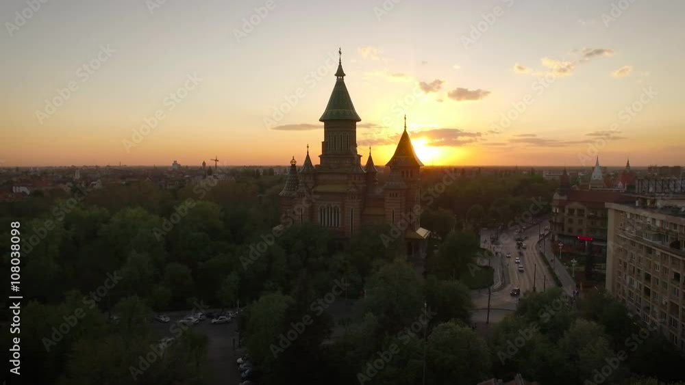 European city skyline seen by a professional drone at sunset European city skyline seen by a professional drone at sunset