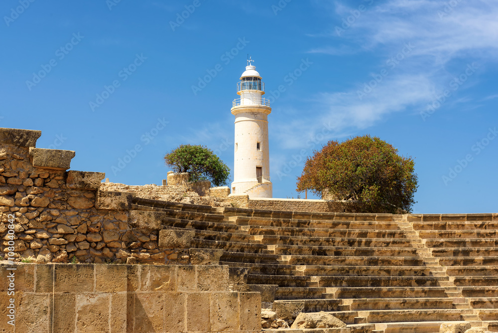 Odeon and old lighthouse in Paphos Archaeological Park, Cyprus.