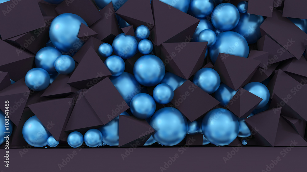 Black abstract background with room, floor, wall, 3D shapes triangles and balls - obrazy, fototapety, plakaty 