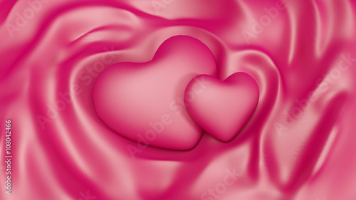 Glamorous, romantic, pink background with hearts Valentine's Day, and the folds of fabric