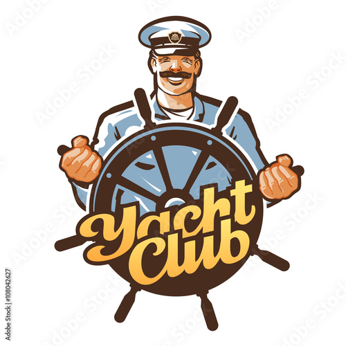 yacht club vector logo. ship captain, sailor or helm, steering wheel icon