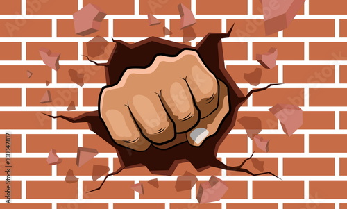 punching fist smash through a concrete and brick wall