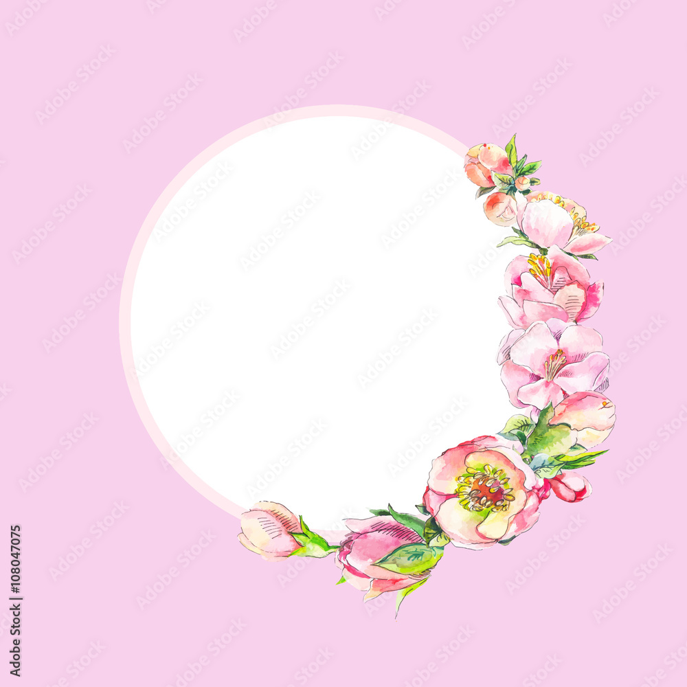 Round frame with pink watercolor flowers. Frame of dog rose flow Round frame with pink watercolor flowers. Frame of dog rose flow