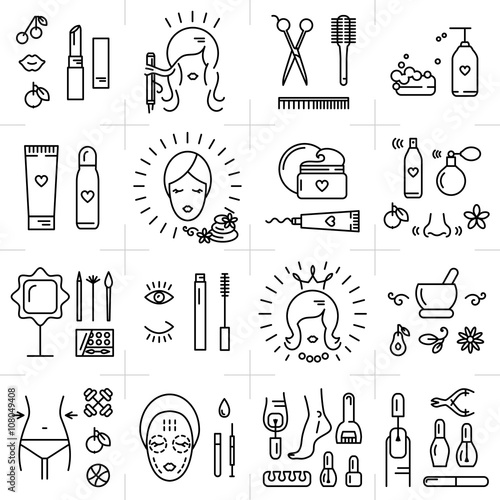 Modern icons set of cosmetics, beauty, spa and symbols collection made in modern linear vector style. Perfect design element for the cosmetics shop, a hairdressing salon, cosmetology center