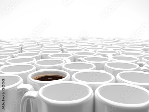 an array of shiny white mugs – one filled with coffee -blending into a white background - with depth of field effect 