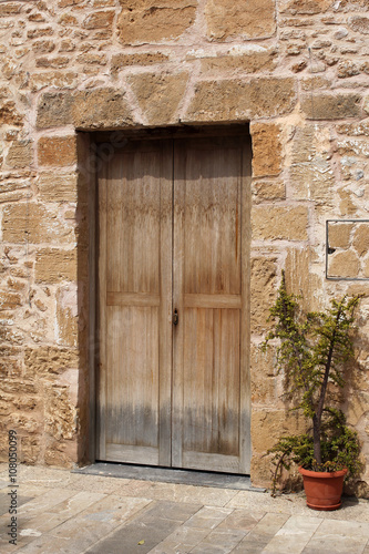 wooden door in stone wall and flowerpot, mediterranean style © chrupka