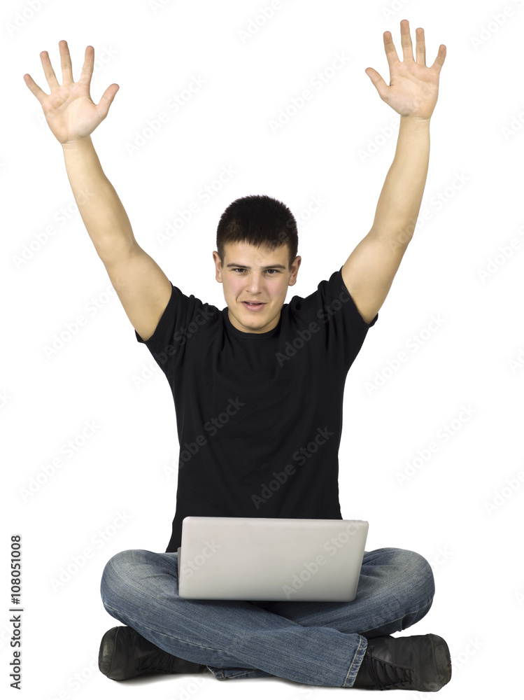 raised arms man using laptop raised arms man using laptop