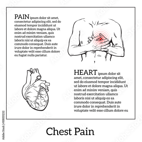 Information about heart pain, chest pain in men, anatomical image of the human heart, vector sketch hand-drawn illustration of heart and human patients suffering from chest pains man holding chest