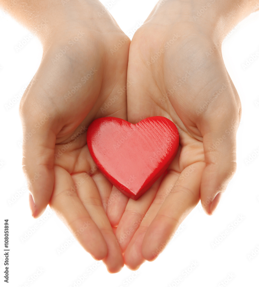 Decorative heart in female hands, isolated on white - obrazy, fototapety, plakaty 