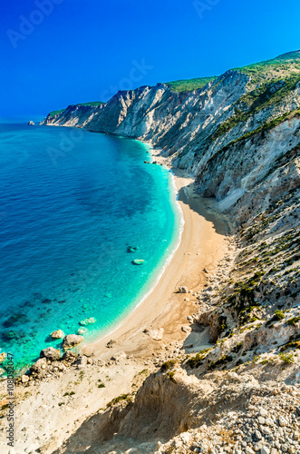 Famous Platia Ammos beach in Kefalonia island, Greece. The beach was affected by the earthquake in the spring of 2014 and it is very difficult to go down on the beach. © Lucian Bolca
