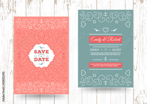 Wedding invitation card template, Nautical save the date cards, Marine vector, Elegant frame of marine rope on the background of the waves. Color Palette: turquoise and coral