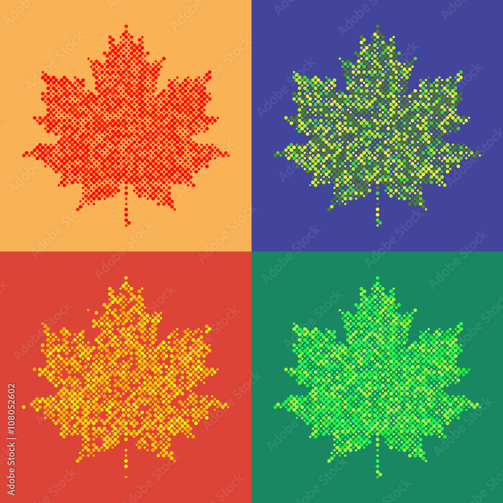 Set of colorful maple leaves on isolated background. Halftone design elements, graphics autumn background, colorful dots background vector illustration