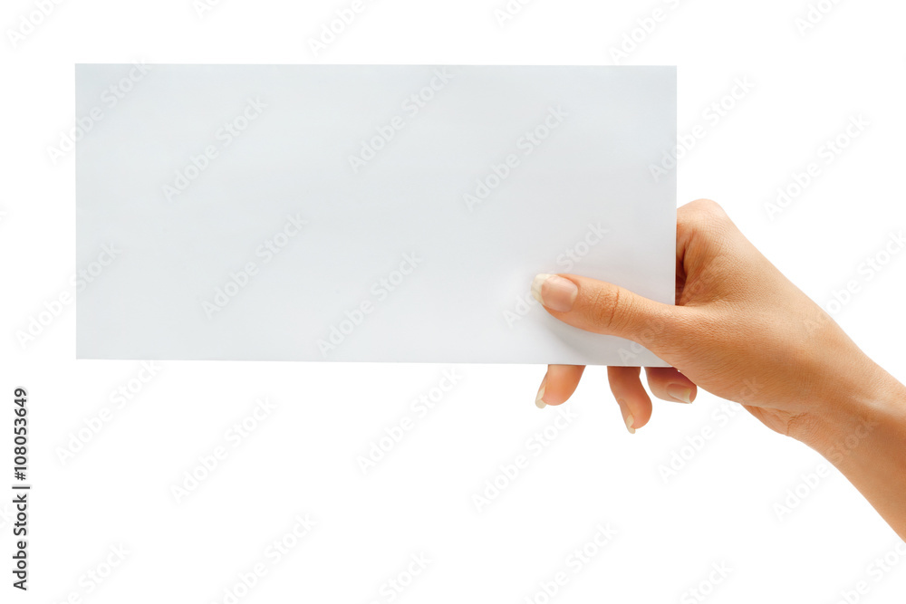Obraz premium Woman's hold envelope isolated on white background. Close up